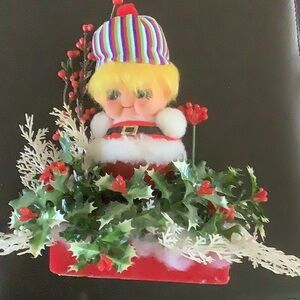Vintage 1960’s Christmas Pixie or Elf in Santa Suit With Stripped Hat